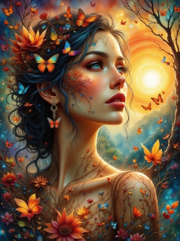 Beautiful Woman with Butterflies in Dreamlike Landscape