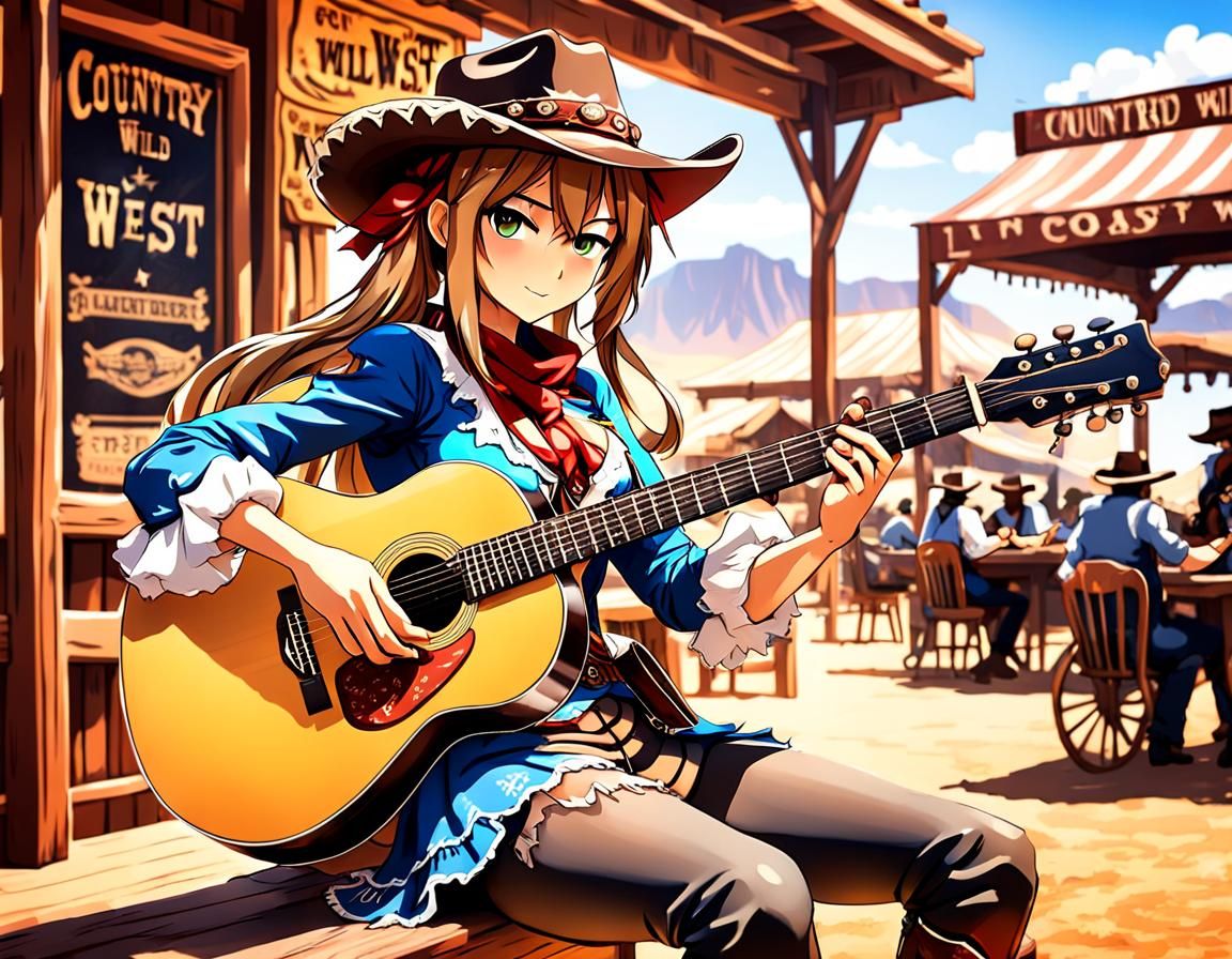 Anime Female Cowgirl Plays Acoustic Guitar Under Starry Wild...