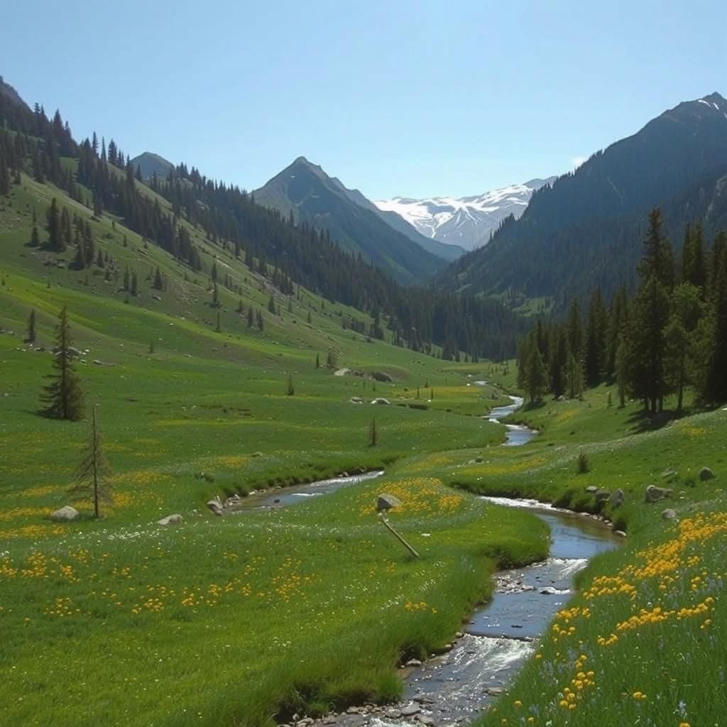 Serene Mountain Valley in a Vibrant Wildflower Landscape