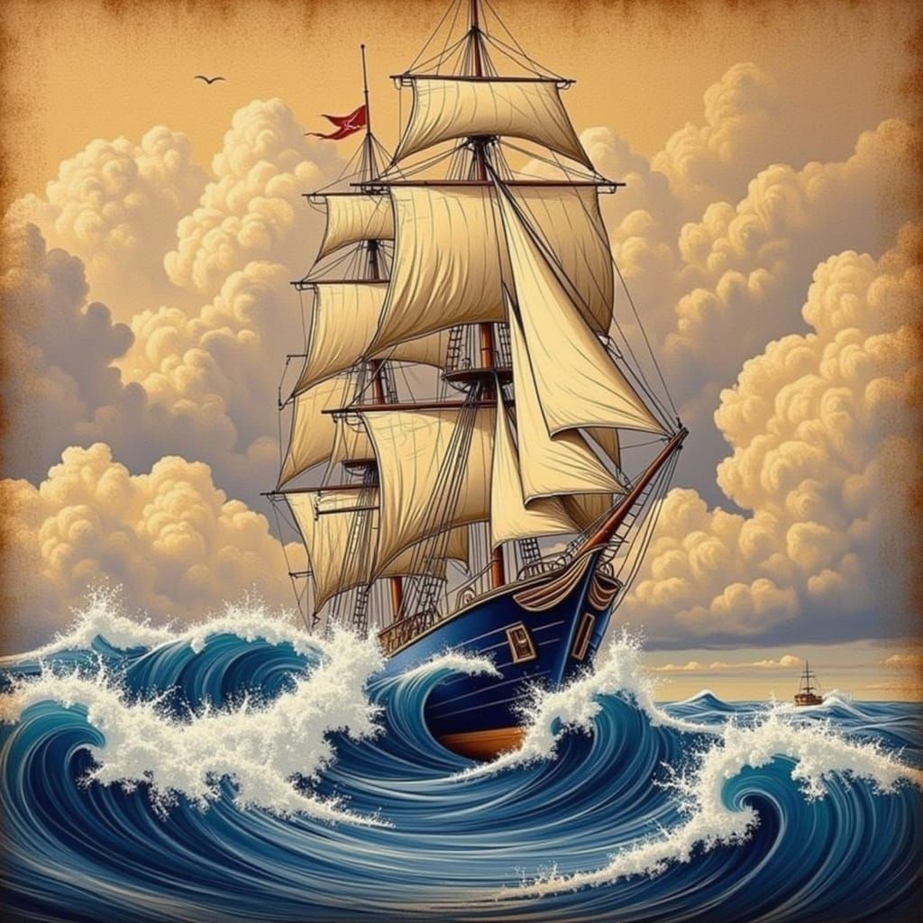 Surreal Sailing Ship in a Stormy Ocean, in Pencil Sketch Sty...