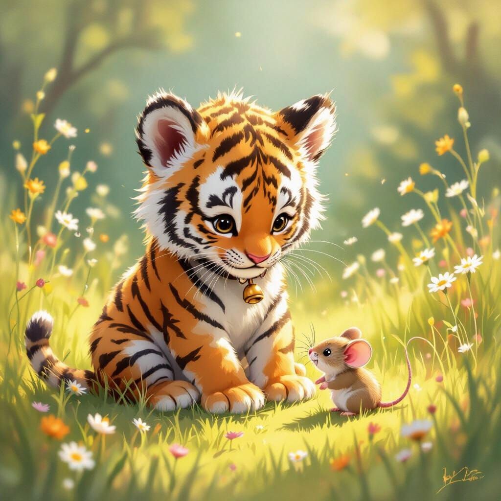 Baby Tiger Plays With Mouse in Sunny Meadow