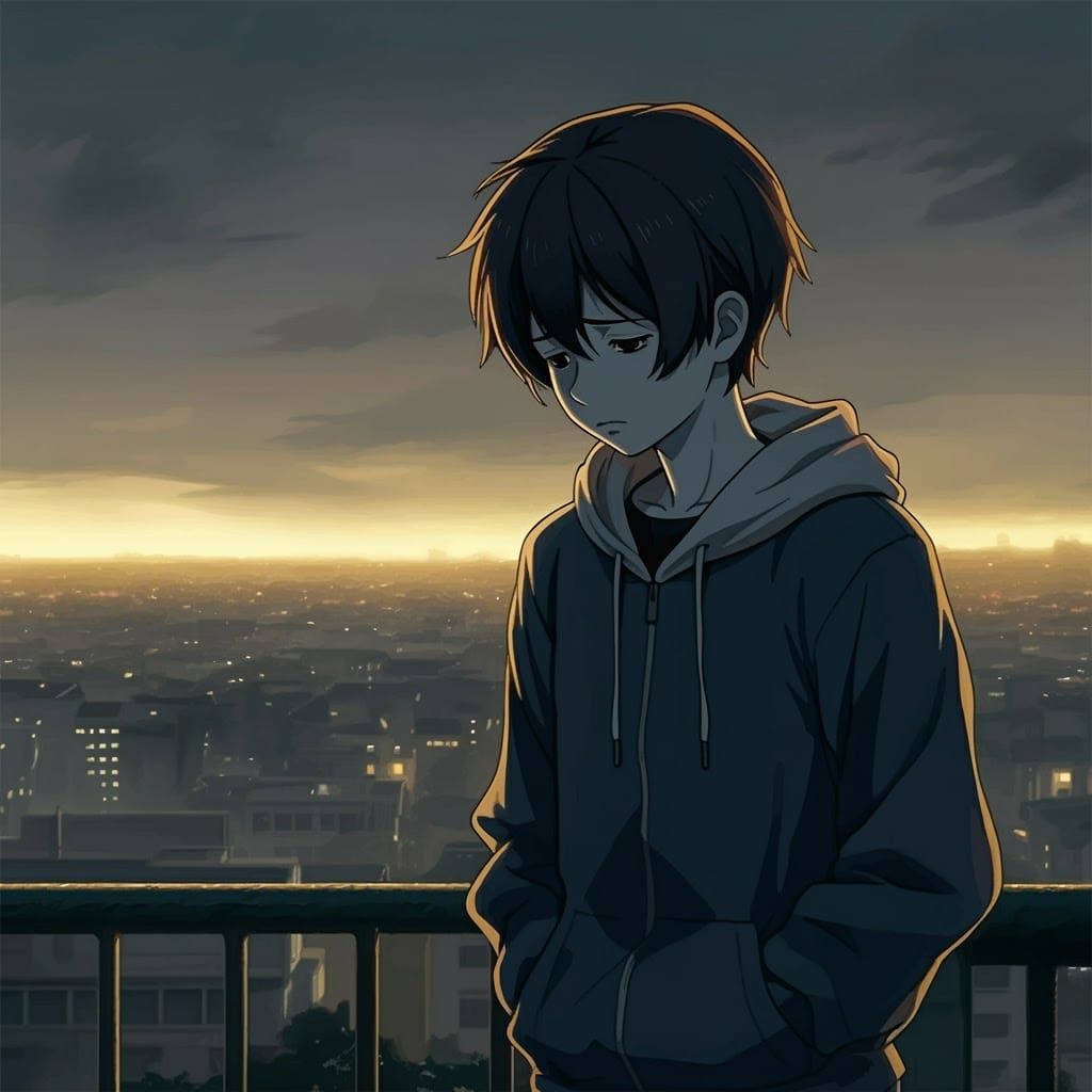 Melancholic Teen in Anime-Inspired Cityscape