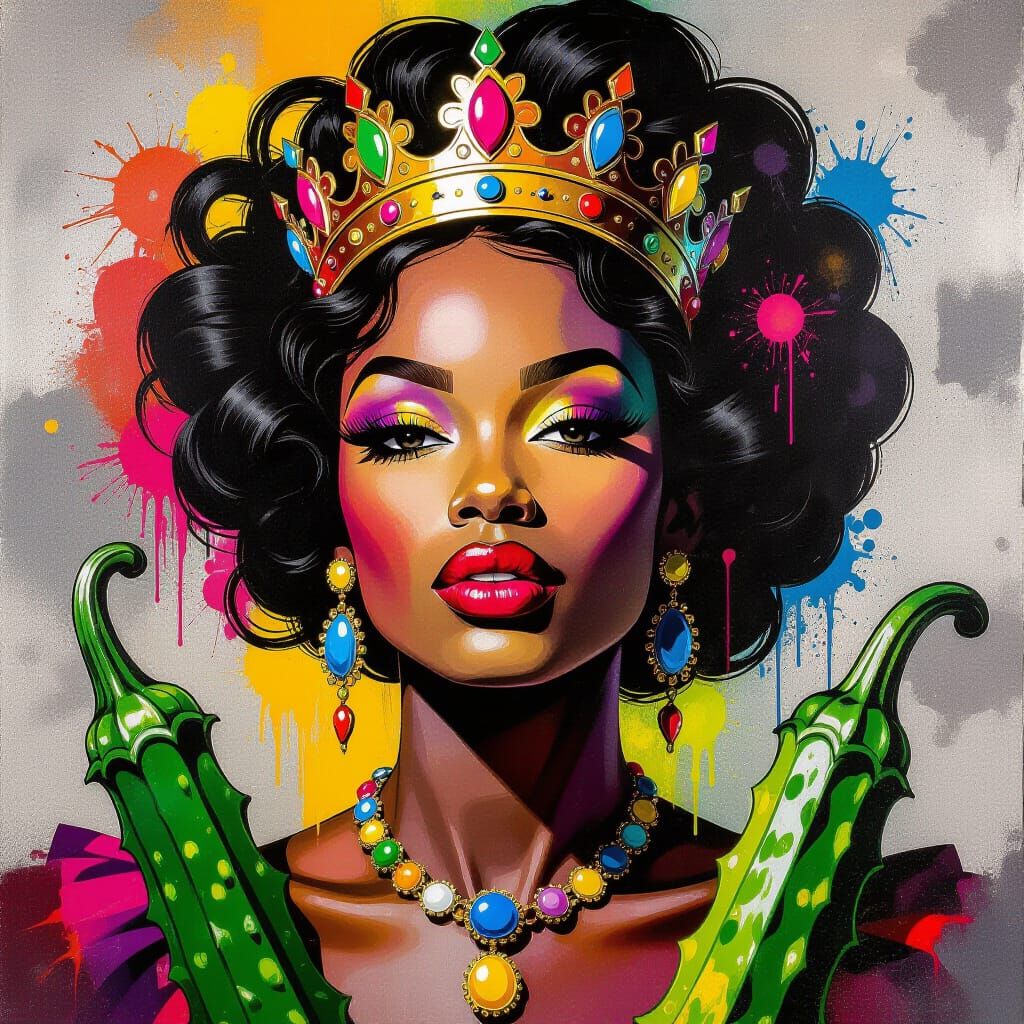 Regal Queen of Okra in Vibrant Graffiti Art Style