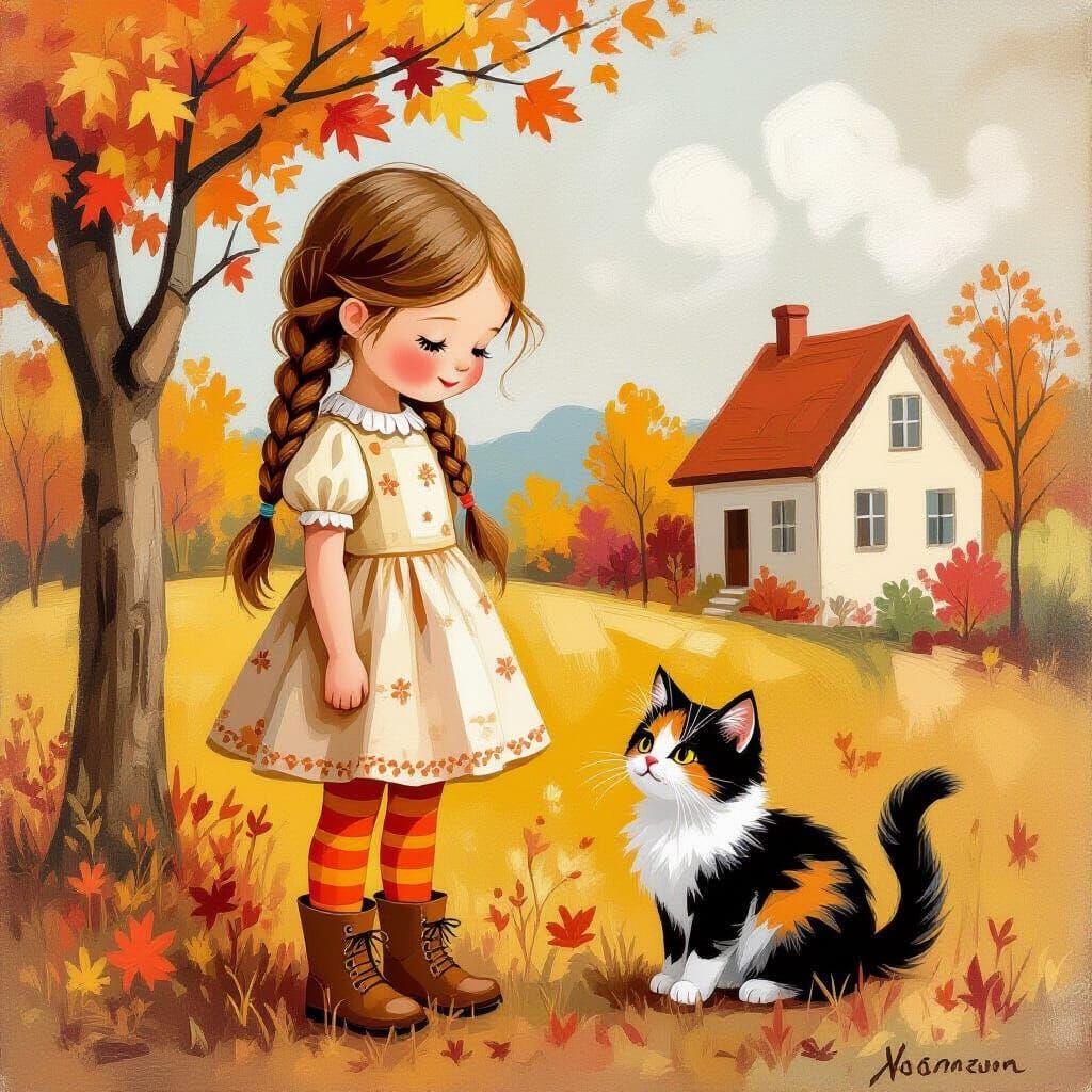 Whimsical Girl with Kitten in Autumn Scene