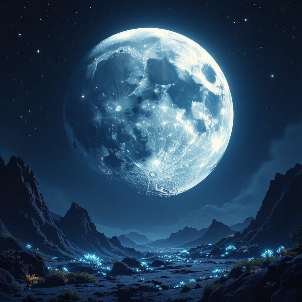 Alien Moon Landscape with Bioluminescent Flora