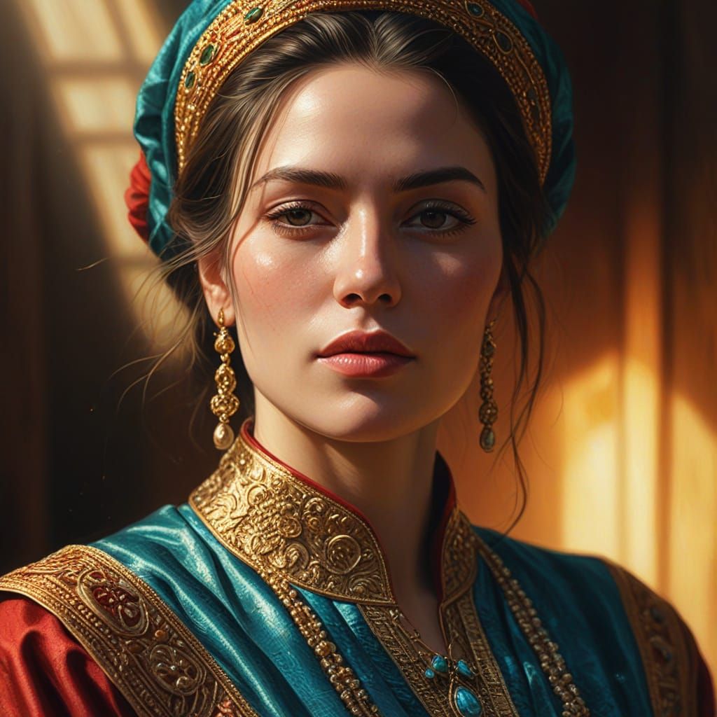 Hyper-Realistic Oil Painting of Woman in Crimson