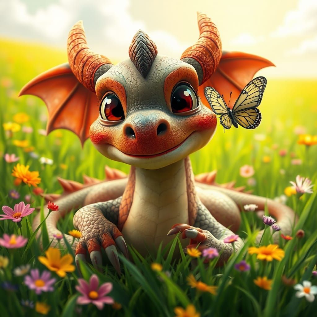 Whimsical Little Dragon in Lush Meadow Wonderland