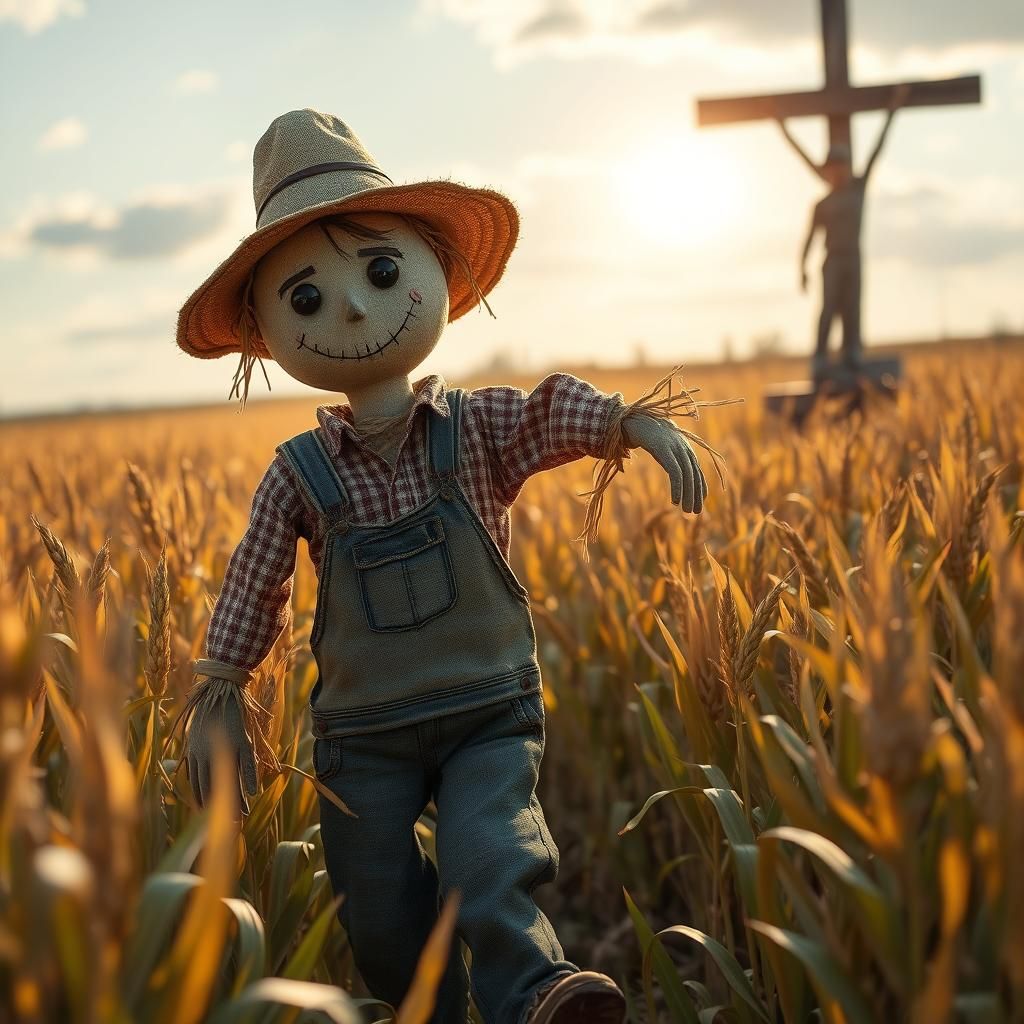A scarecrow walking through a corn field with a man in overa...