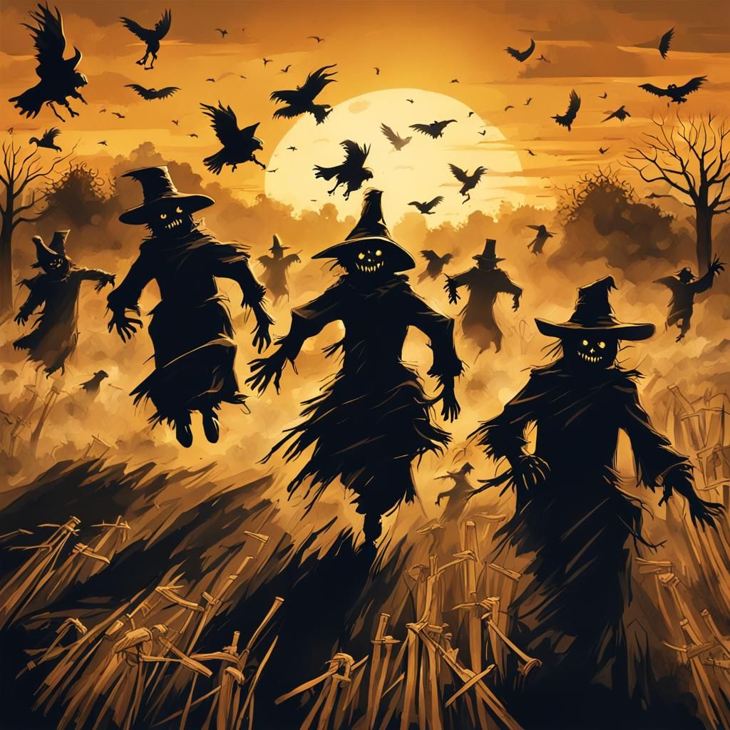 Dark Fantasy Scarecrows Flee in Terror from Crows in Golden....