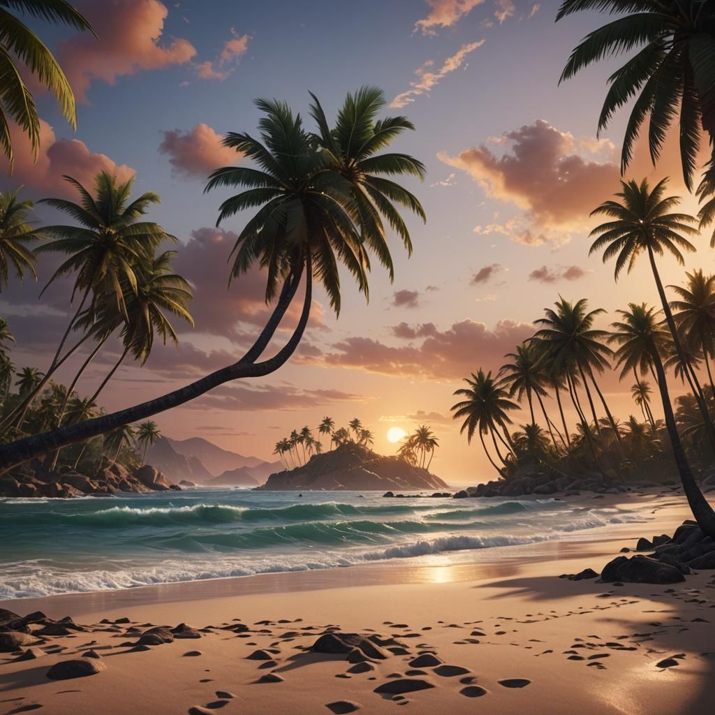 Vibrant Sunset Beachscape in Fantasy Concept Art Style