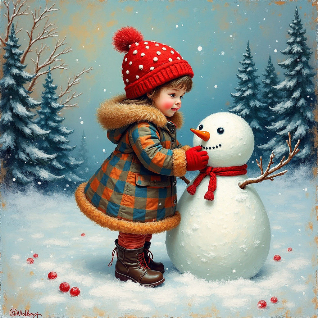Girl Builds a Vibrant Winter Scene in a Thick Impasto Style