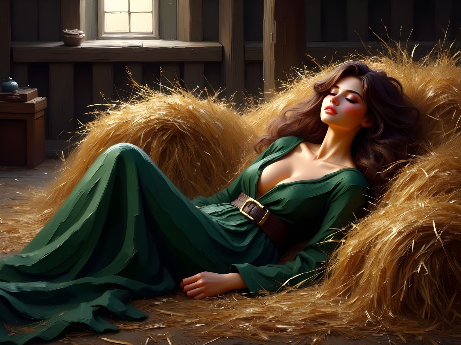 Norse Goddess Reclining in Hay Barn
