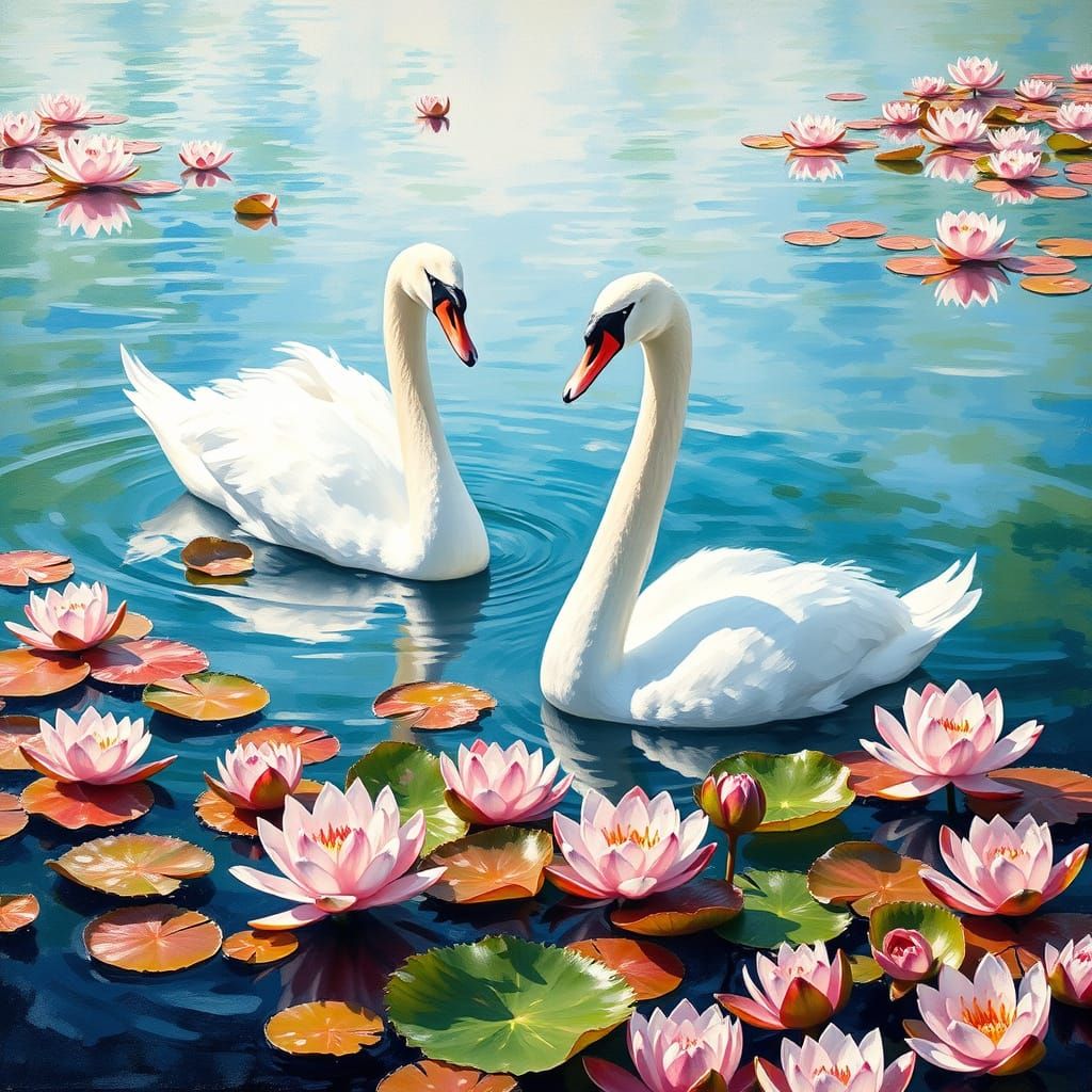 Surreal Watercolor Swan Scene in Impressionist Style