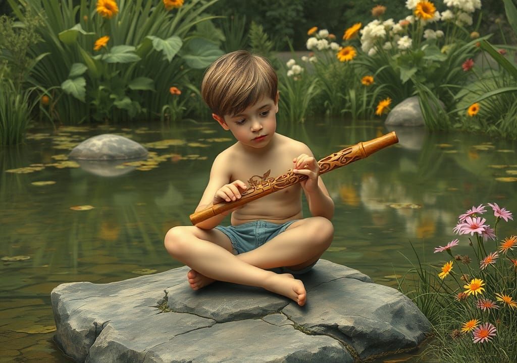 Ethereal Boy Plays Flute amidst Lush Nature
