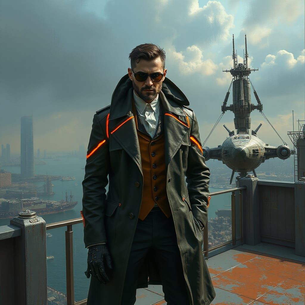 Cyberpunk Villain Overlooking Futuristic Bay