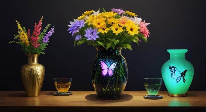 Vibrant, Ethereal Vase Filled with Radiant Butterflies