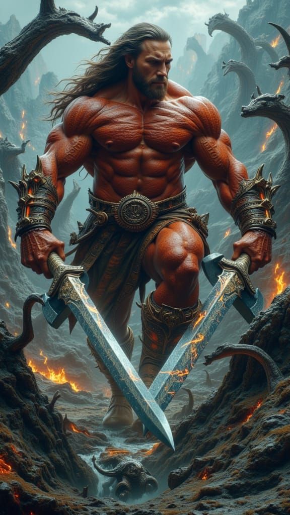 Muscular Barbarian Fights Gigantic Creatures in Surreal Fant...