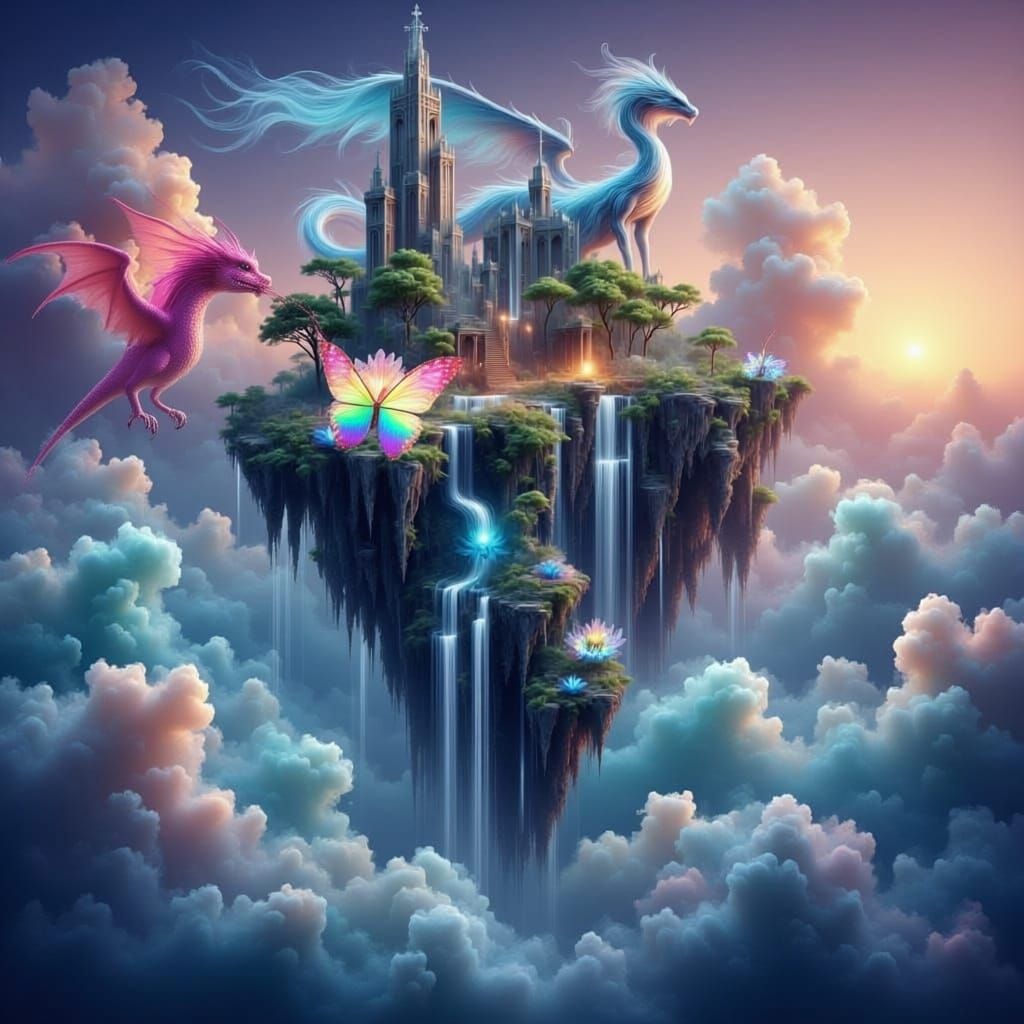 Mystical Floating Island with Dragon at Twilight