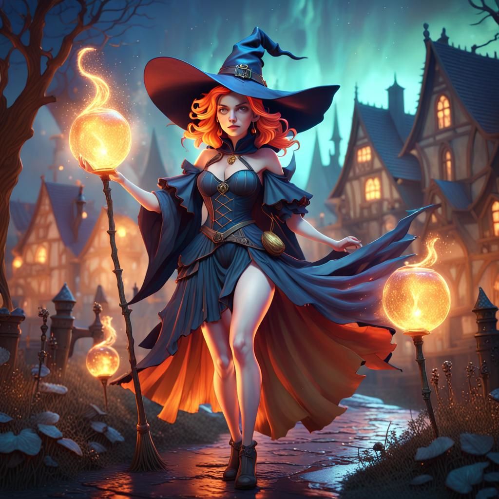Fantastical Witch in an Illuminated Night Scene