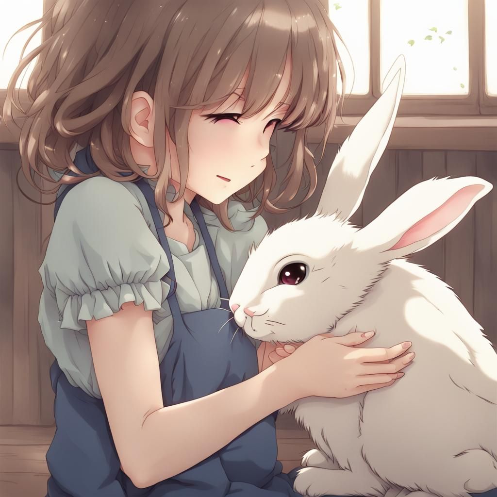 Cute Anime Girl Tenderly Petting a Small Adorable Rabbit in...