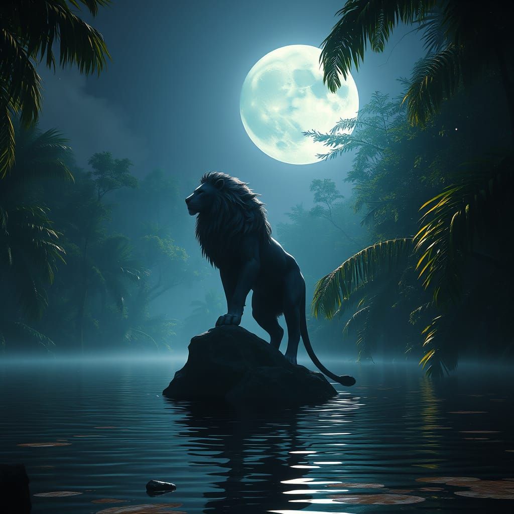 Majestic Leo Under Full Moon in Jungle Night
