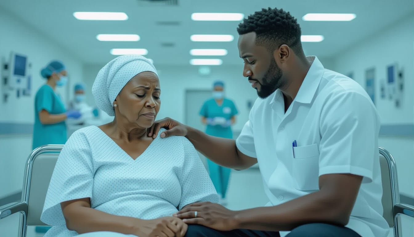 Comforting Hand in Tense Hospital Waiting Area