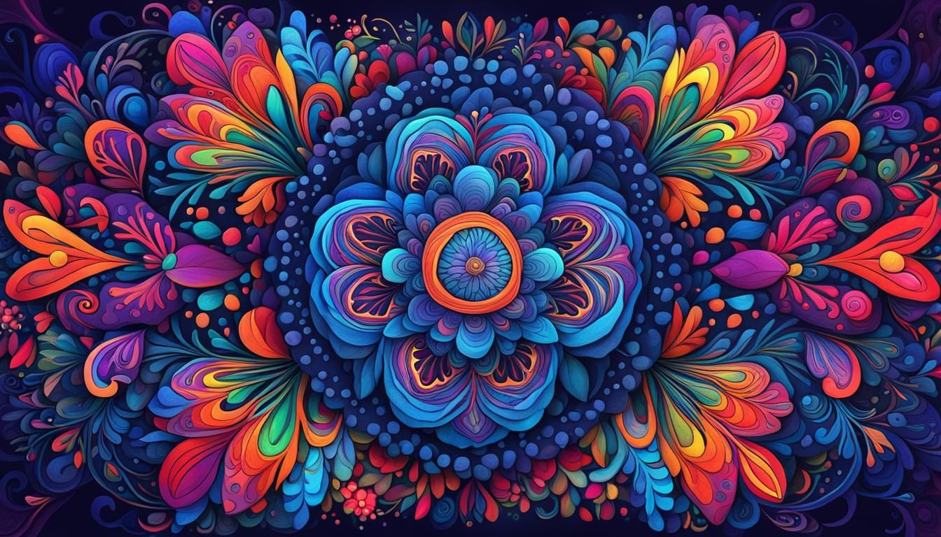 Vibrant Laurel Burch Inspired Floral Patterns in Psychedelic...