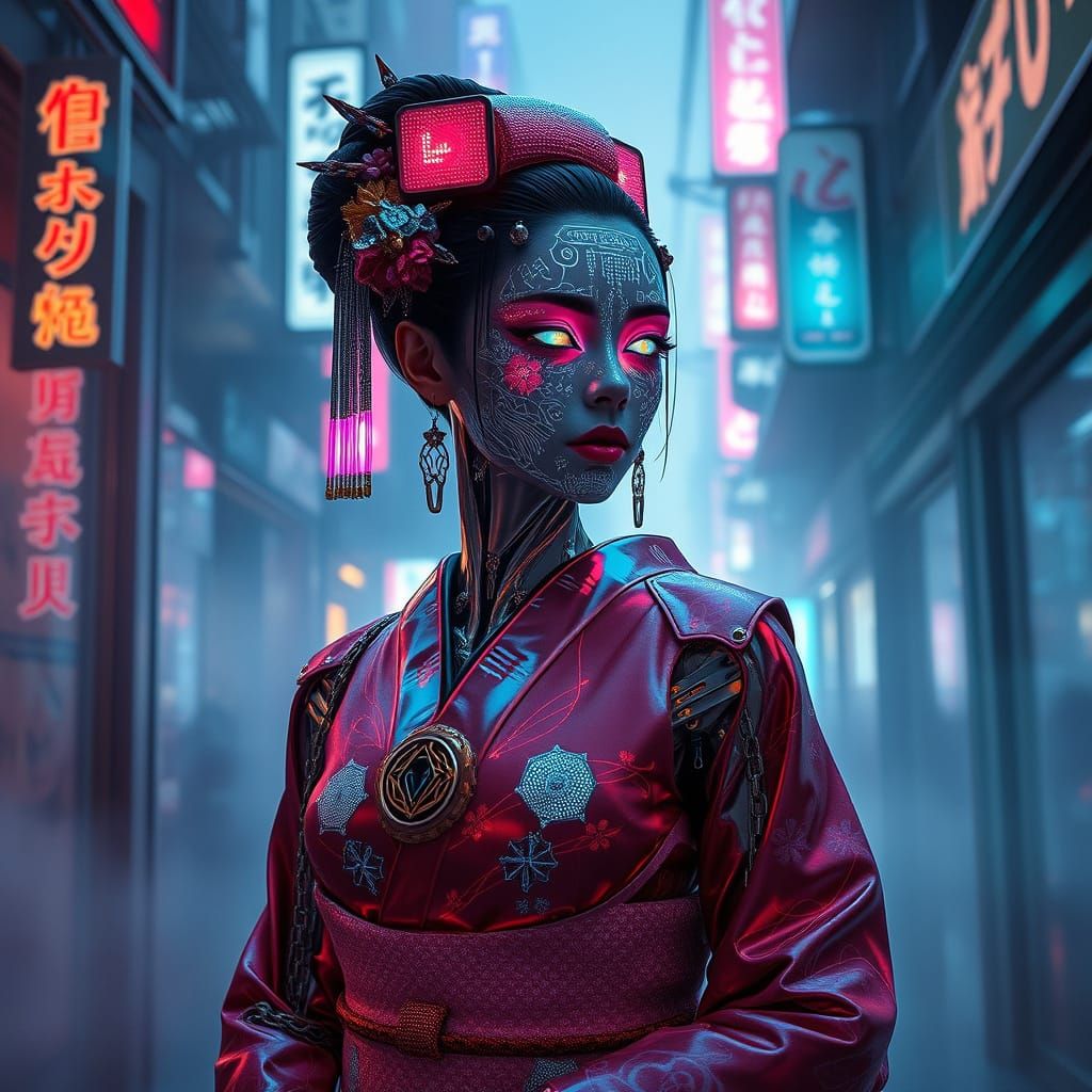 Cyborg Geisha in Futuristic Tokyo Dreamscape