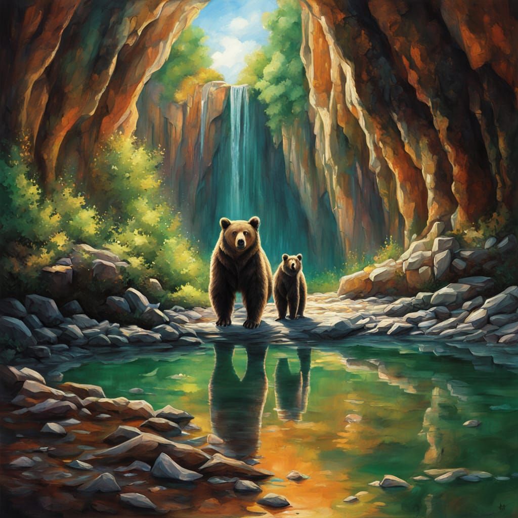 Bear Amidst Stalactites and Stalagmites in a Cave Oasis