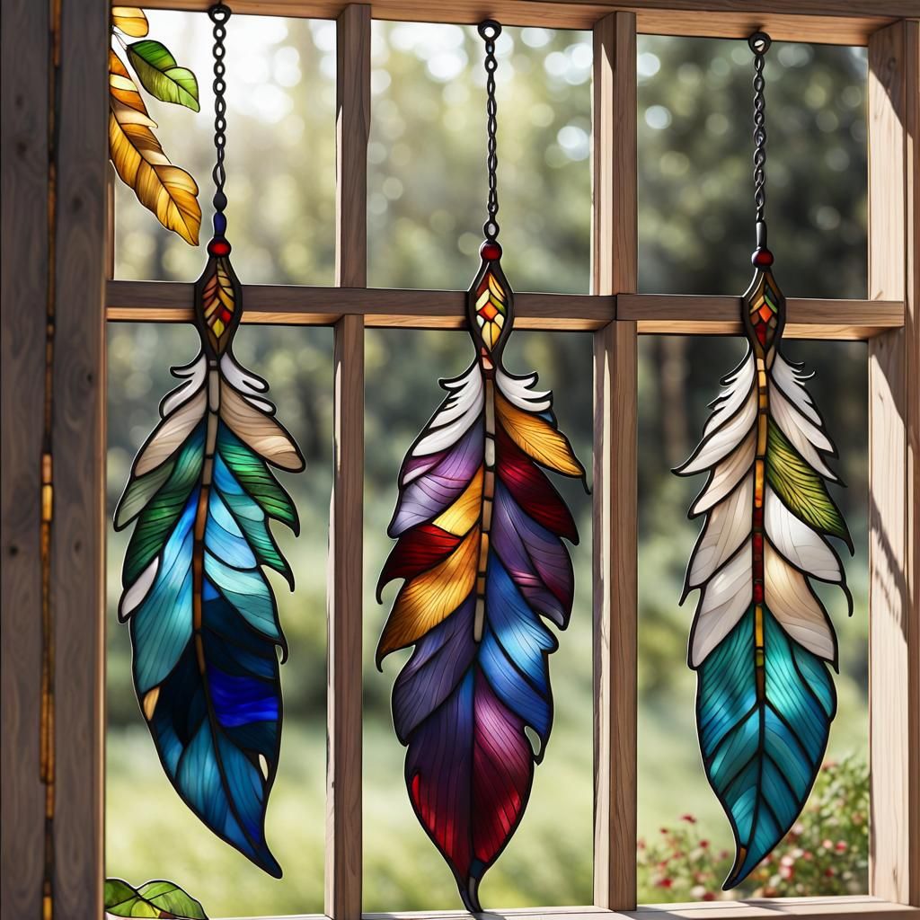 Vibrant Stained Glass Feathers in a Wooden Window Frame