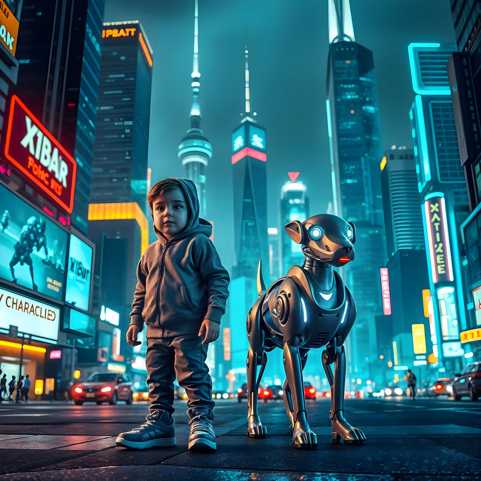 Child and Robot Dog Explore Retro-Cyberpunk City