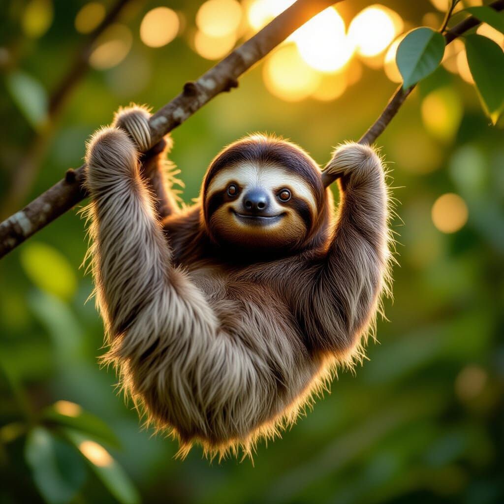 Hyperrealistic Sloth Smiles in Golden Hour Wildlife Photo