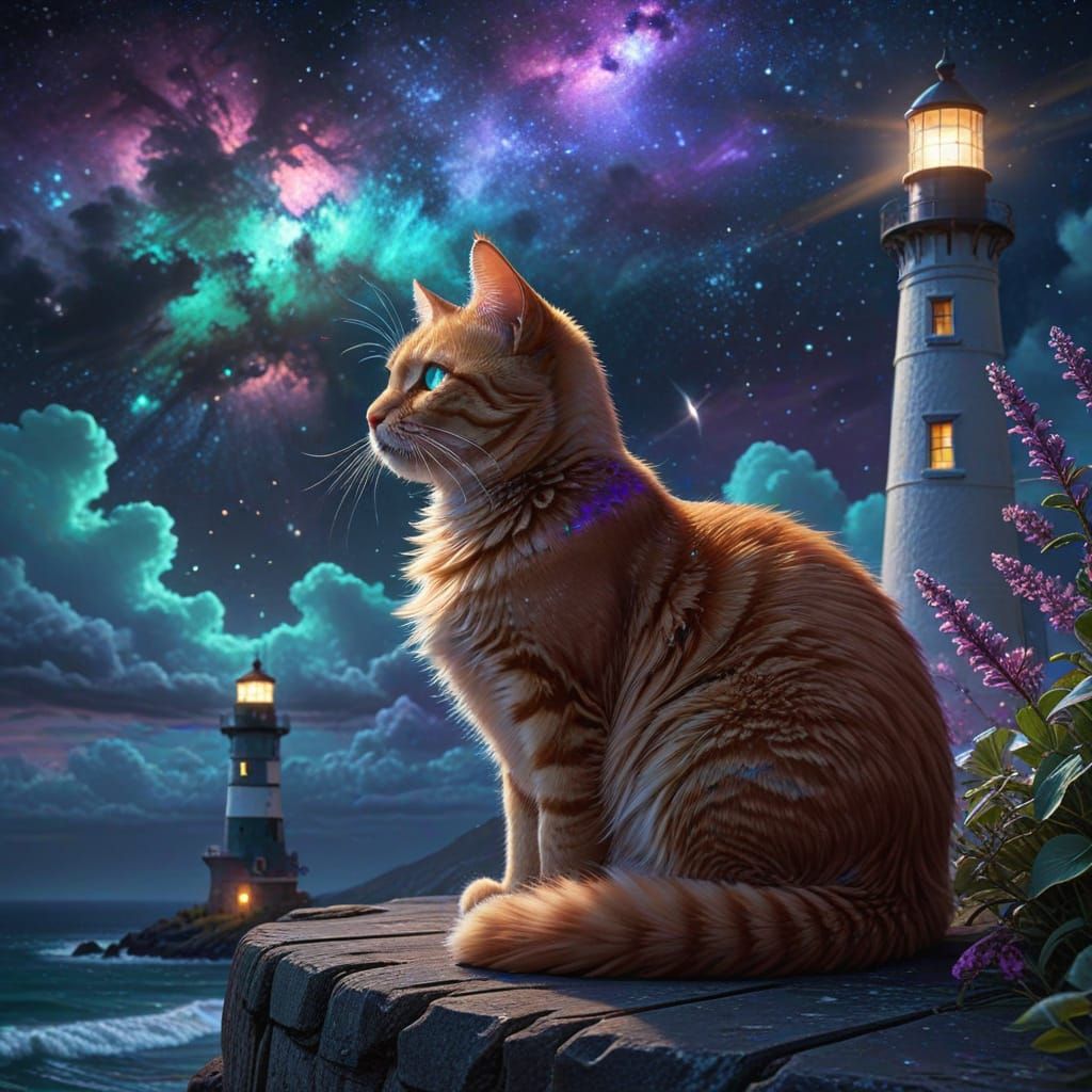 Holographic Astral Cat Gazes at Moonlit Sea