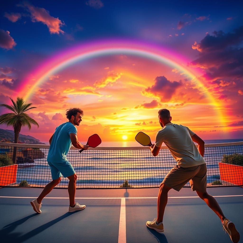 Pickleball Doubles Match Over Mediterranean Sea at Sunset