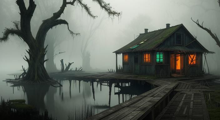 Abandoned Houseboat in Mysterious Fog