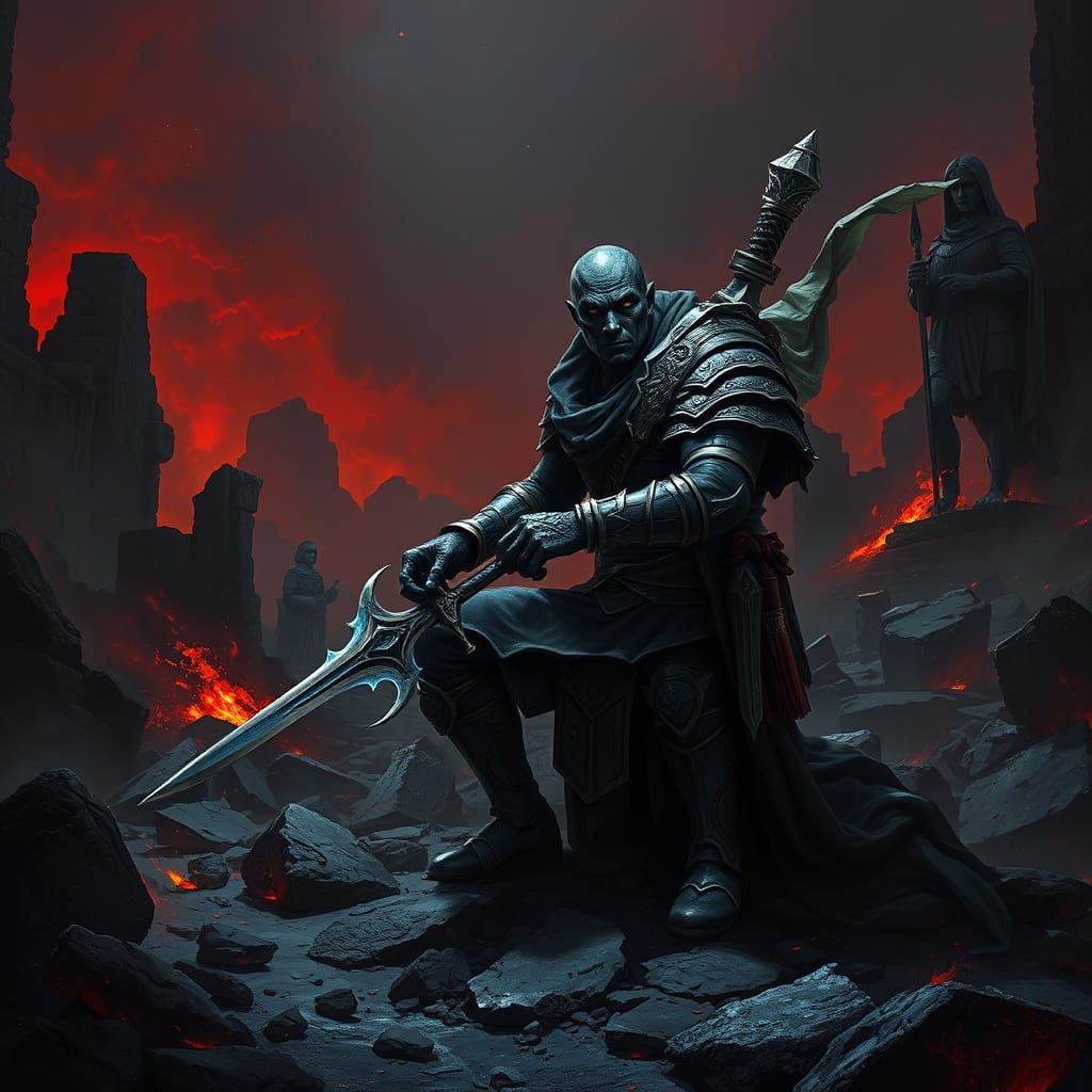 Aasimar Warrior in Avernus Ruins, Dark Fantasy Art