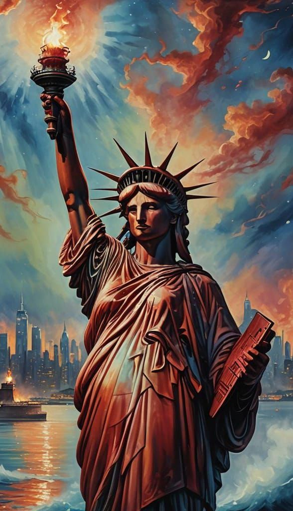 Lady Liberty in Vibrant Red, A Fantastical Matte Painting