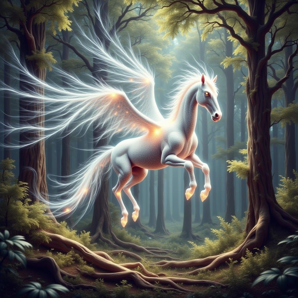 Surreal Pegasus Soars Through Enchanted Forest in Dreamy Dig...