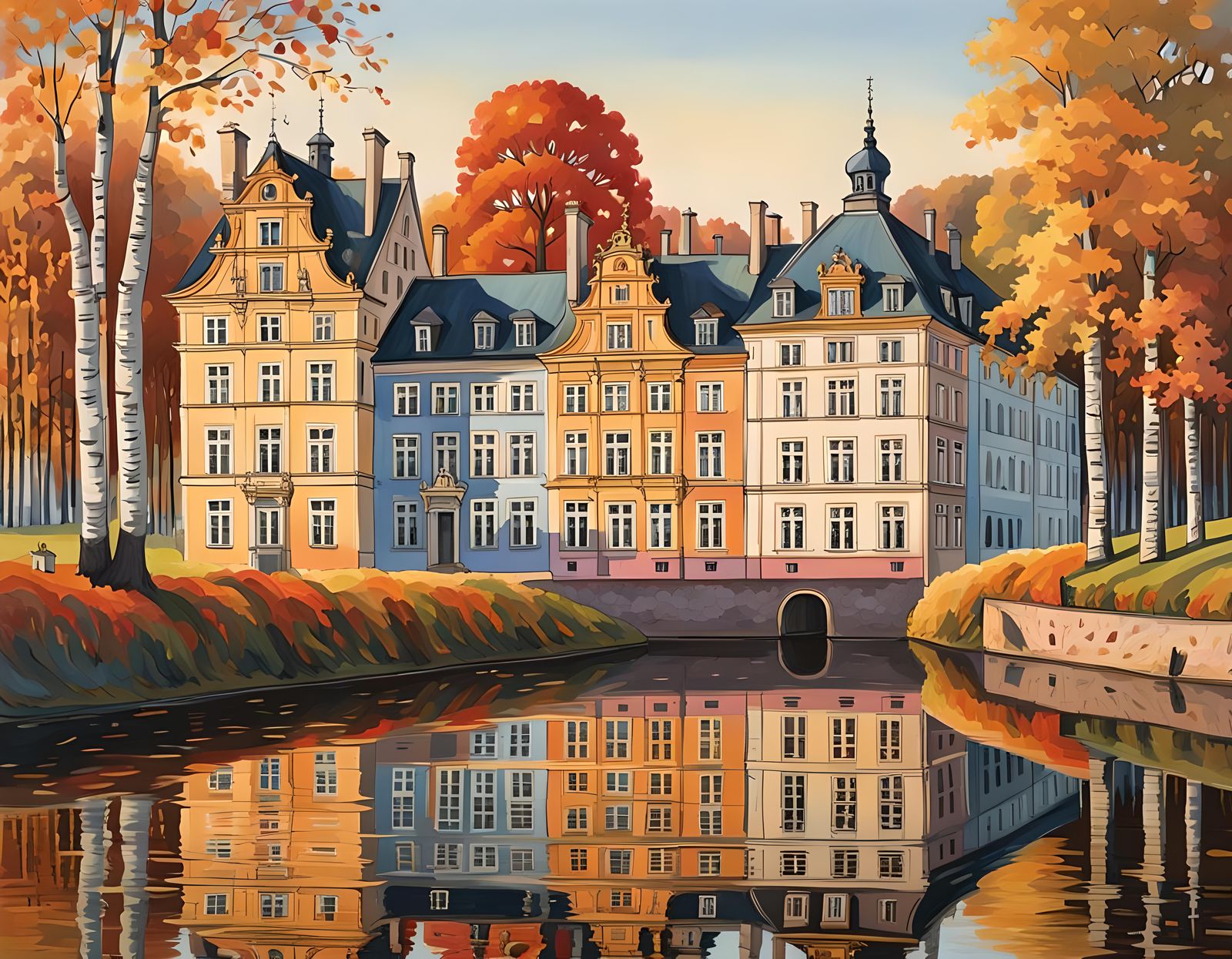 Symmetrical Fachwerkhauser Along Hessen River in Autumn