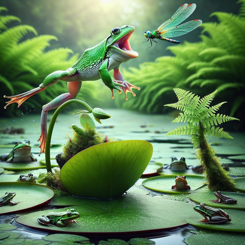 A frog jumping and protruding his tongue, in an attempt to g...