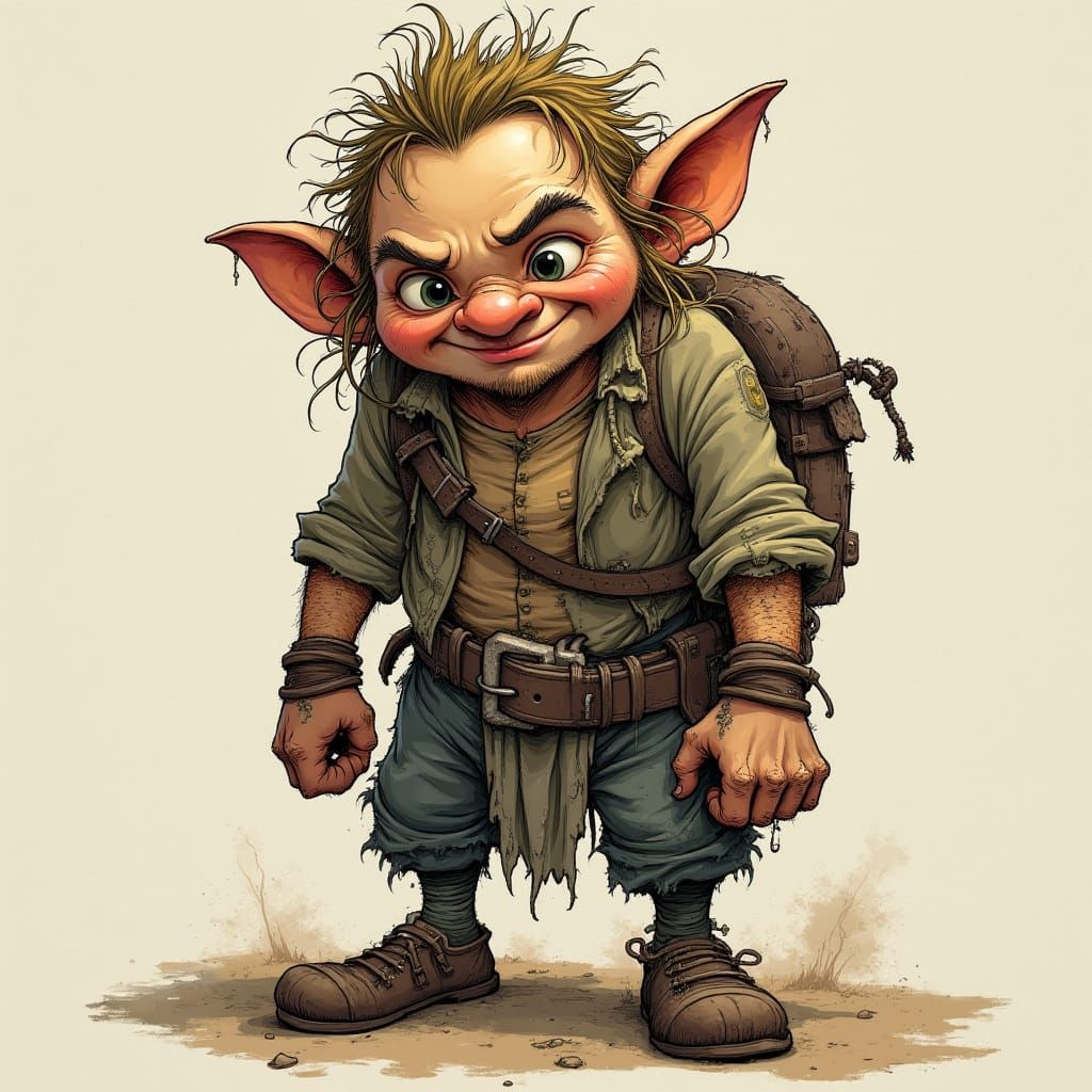 Mischievous Dwarf with Tattered Attire in Gritty Fantasy Sty...