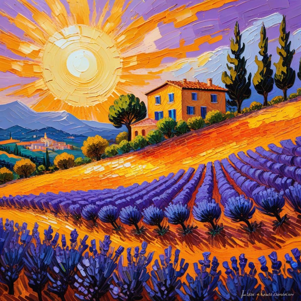 Provençal Villa in Lavender Field: Impasto Painting