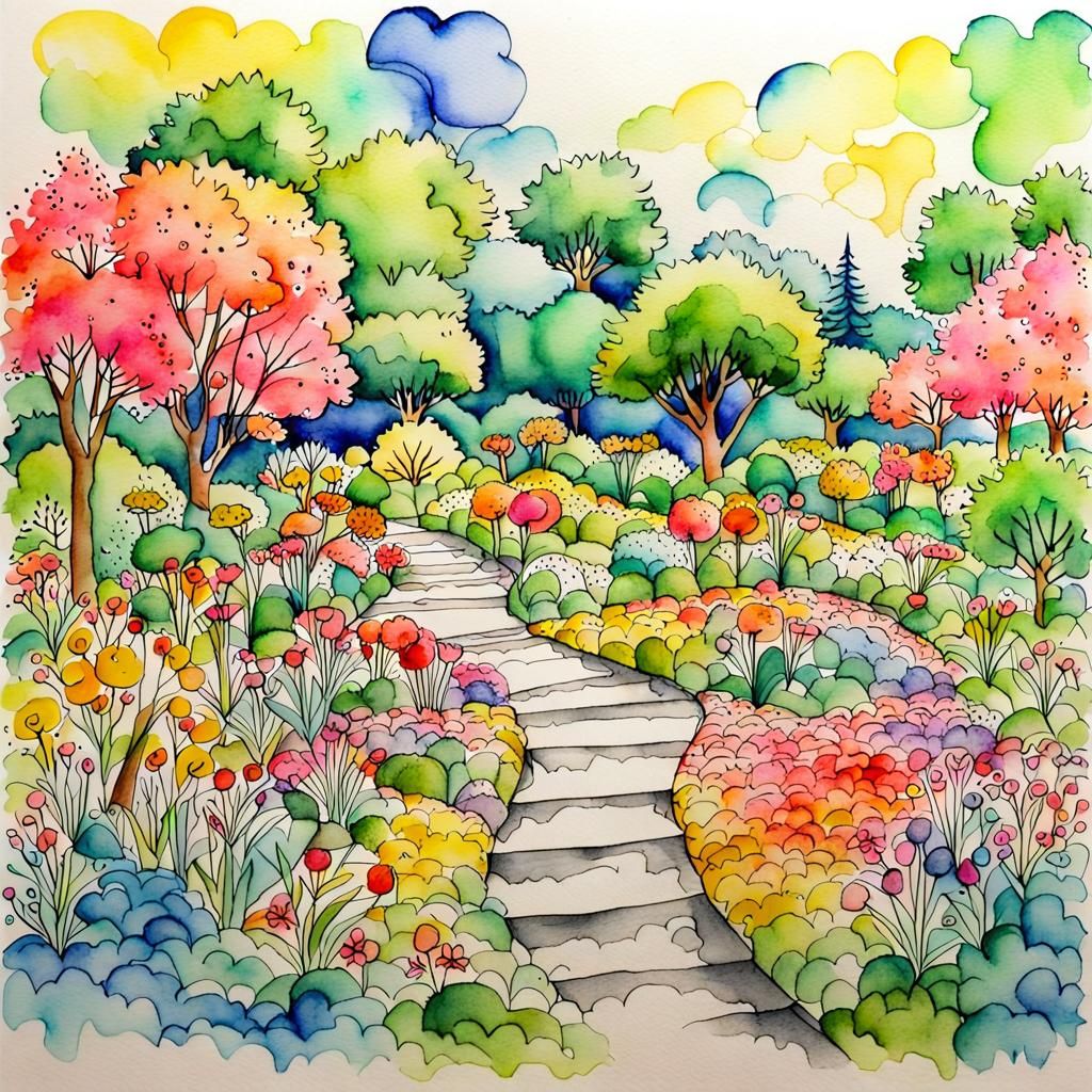 Vibrant Utopian Garden as Ink Watercolor Art