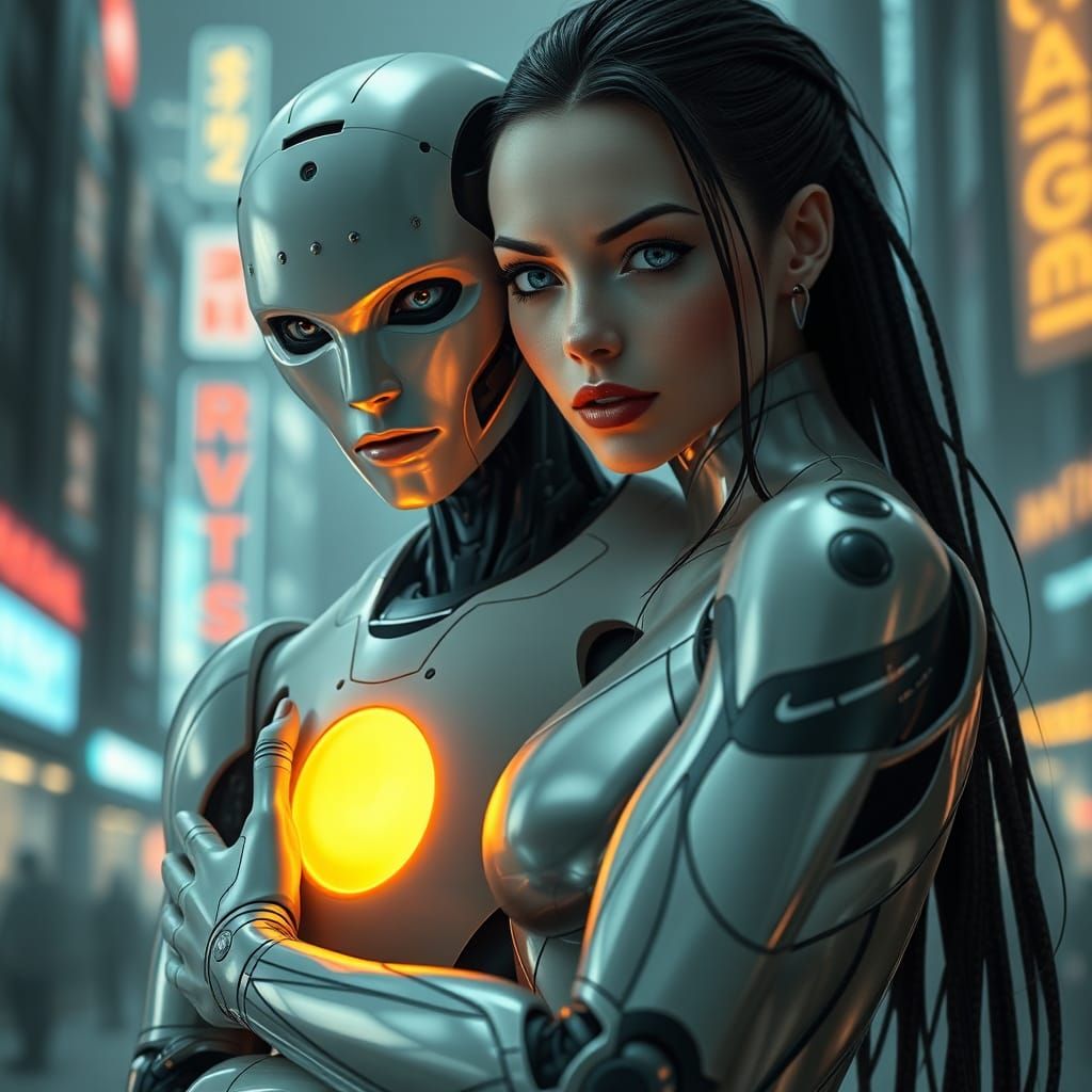 A Futuristic Android Woman Embracing a Humanoid Robot in Neo...