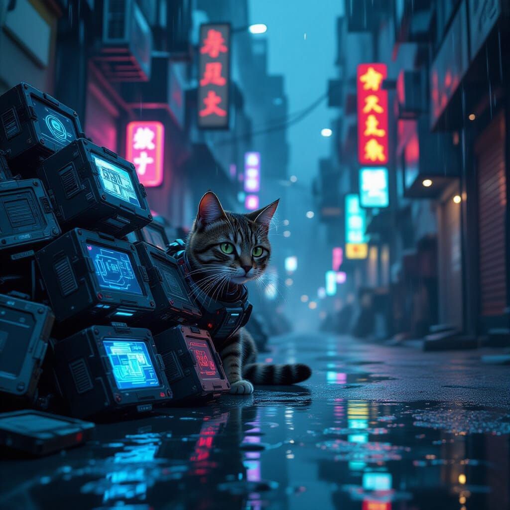 Cybernetic Cat in Futuristic Neon Alley