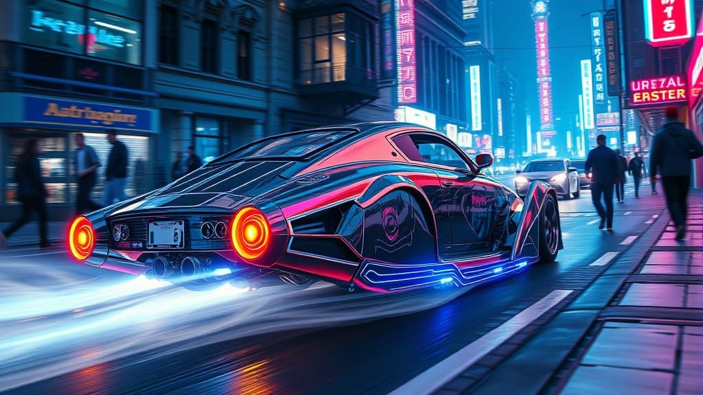 Cyberpunk Hot Rod Speeds Through Neon-Lit Streets in a Dysto...