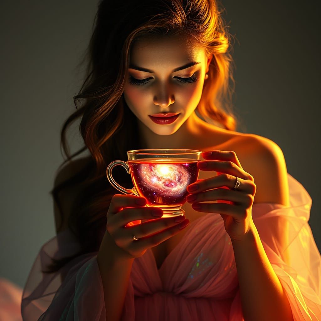 Celestial Goddess Sips from a Nebula Tea Cup