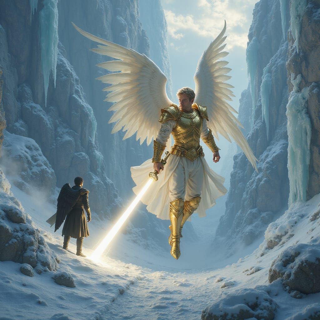 Angel Warrior in Golden Armor Battles Dark Angel Guard