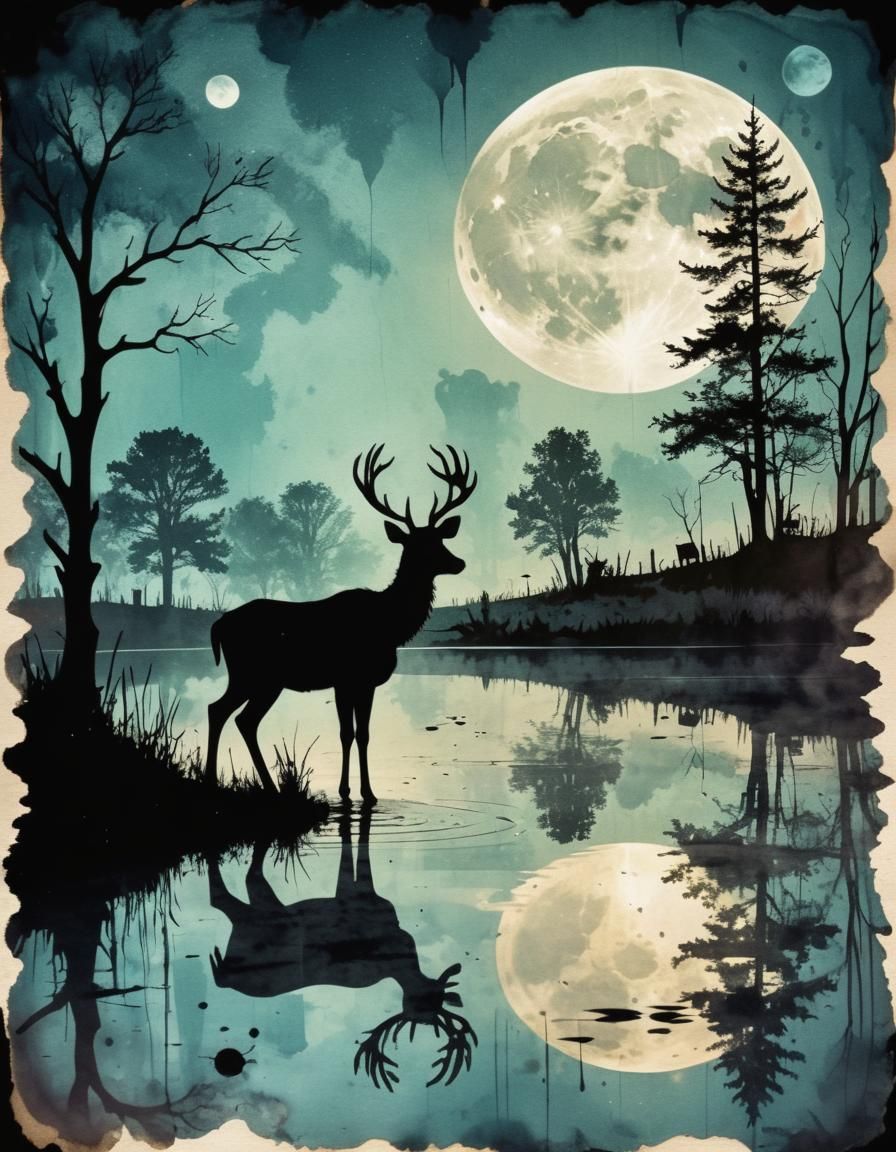 Steampunk Deer at Night in a Vintage Meadow