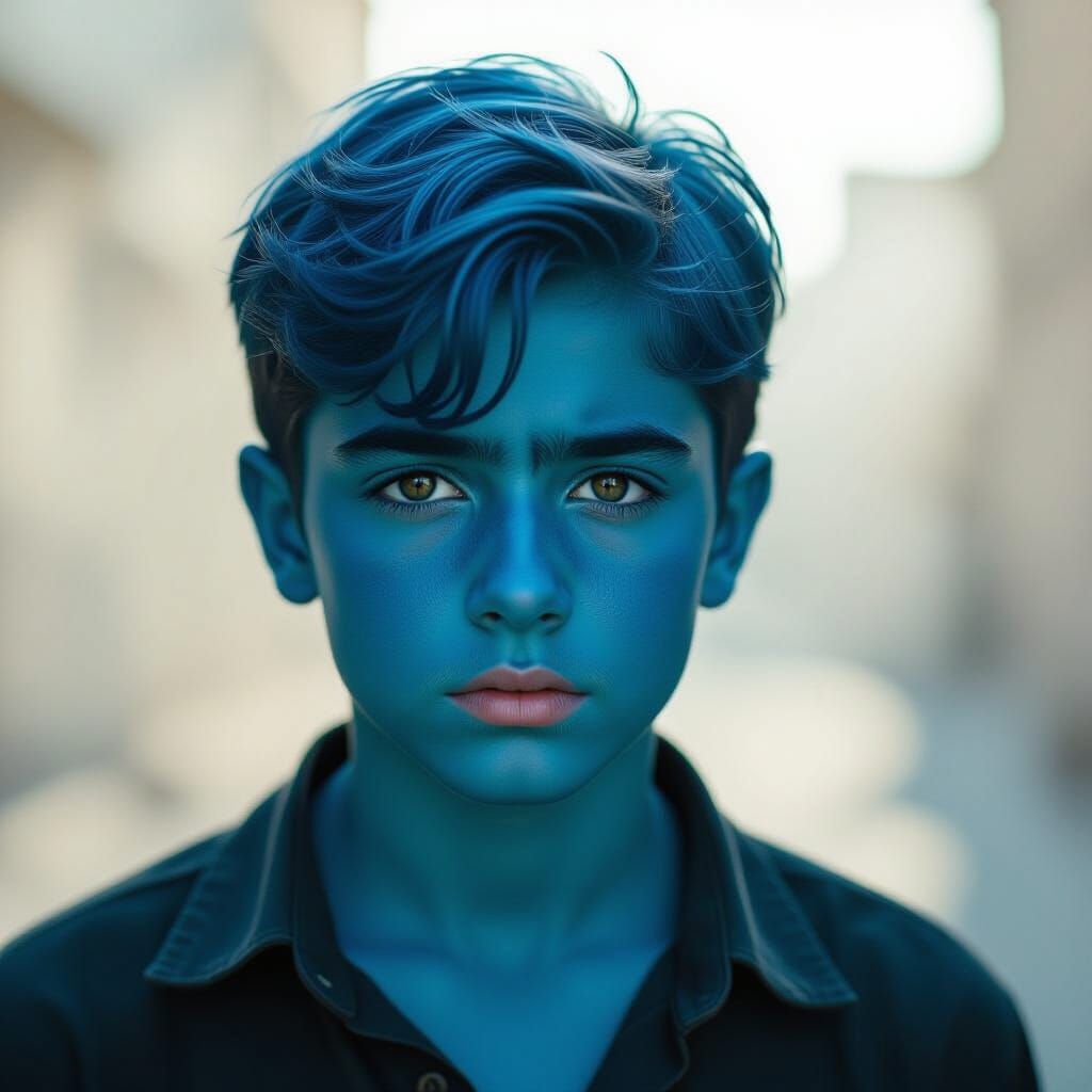 Boy with Vibrant Blue Skin in Cinematic Lighting